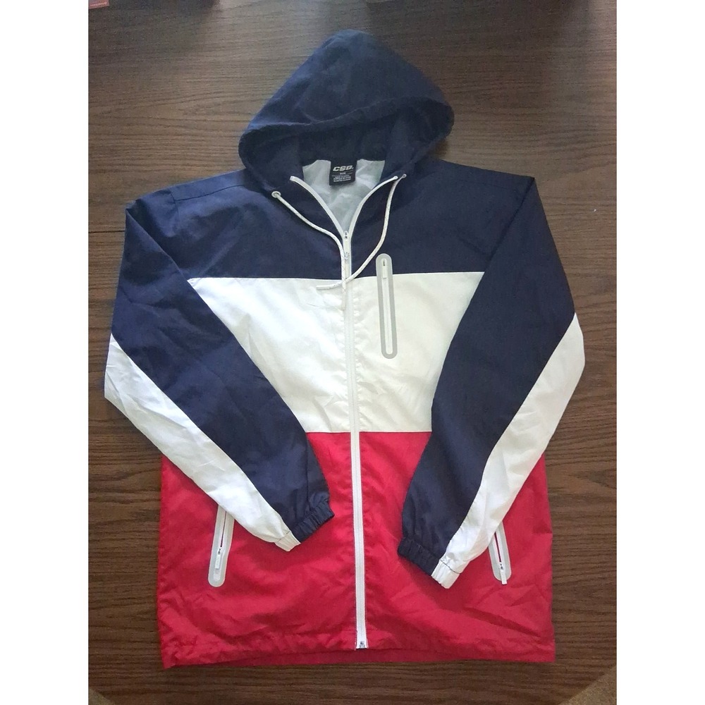 CSG Men's Medium Red White Blue Lightweight Windbreaker Zip Up Hooded read
